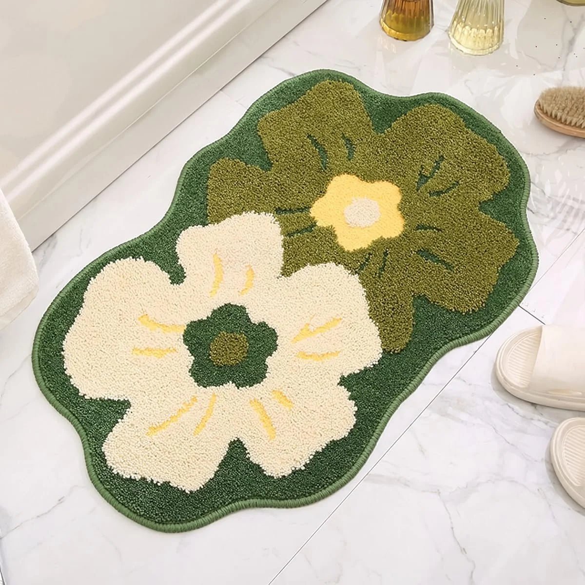 Tapis de Bain Vert Fleurs - Mon Tapis Design
