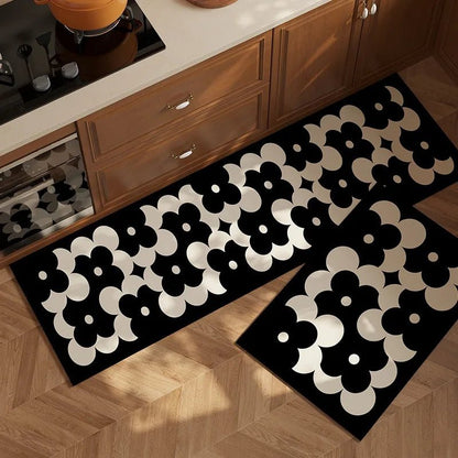 Tapis de Cuisine Noir et Blanc Motifs Floraux - Mon Tapis Design
