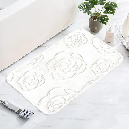 Tapis De Bain Motif Floral Blanc - Mon Tapis Design