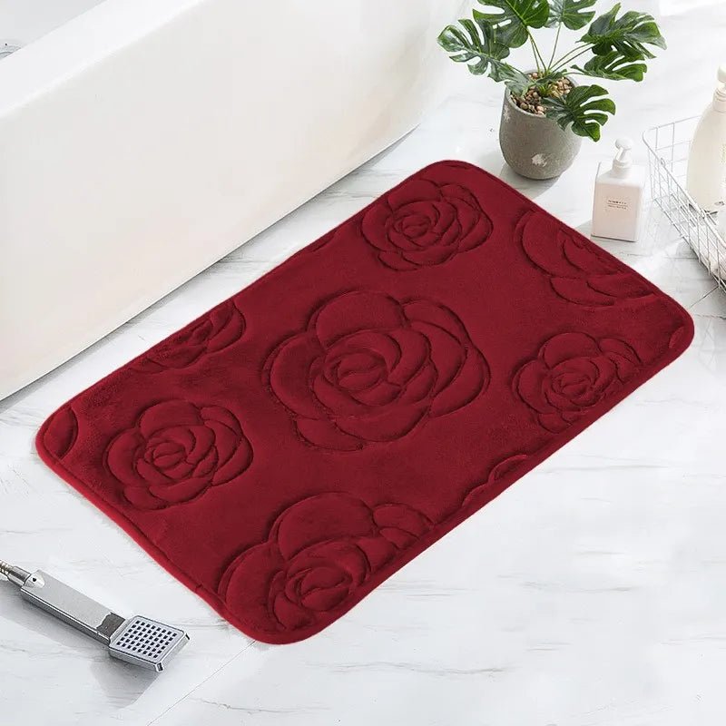 Tapis De Bain Motif Floral Rouge Bordeaux - Mon Tapis Design